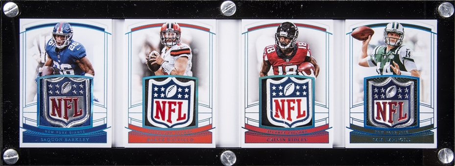 2018 Panini National Treasures "Rookie Quad Gear" Booklet #RQB-3 Saquon Barkley/Baker Mayfield/Calvin Ridley/Sam Darnold NFL Shield Patch Rookie Card (#1/1)